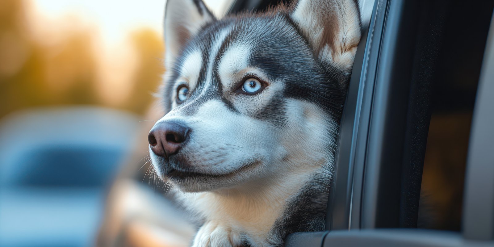 Playful husky enjoying a car ride with head out the window during a sunny afternoon